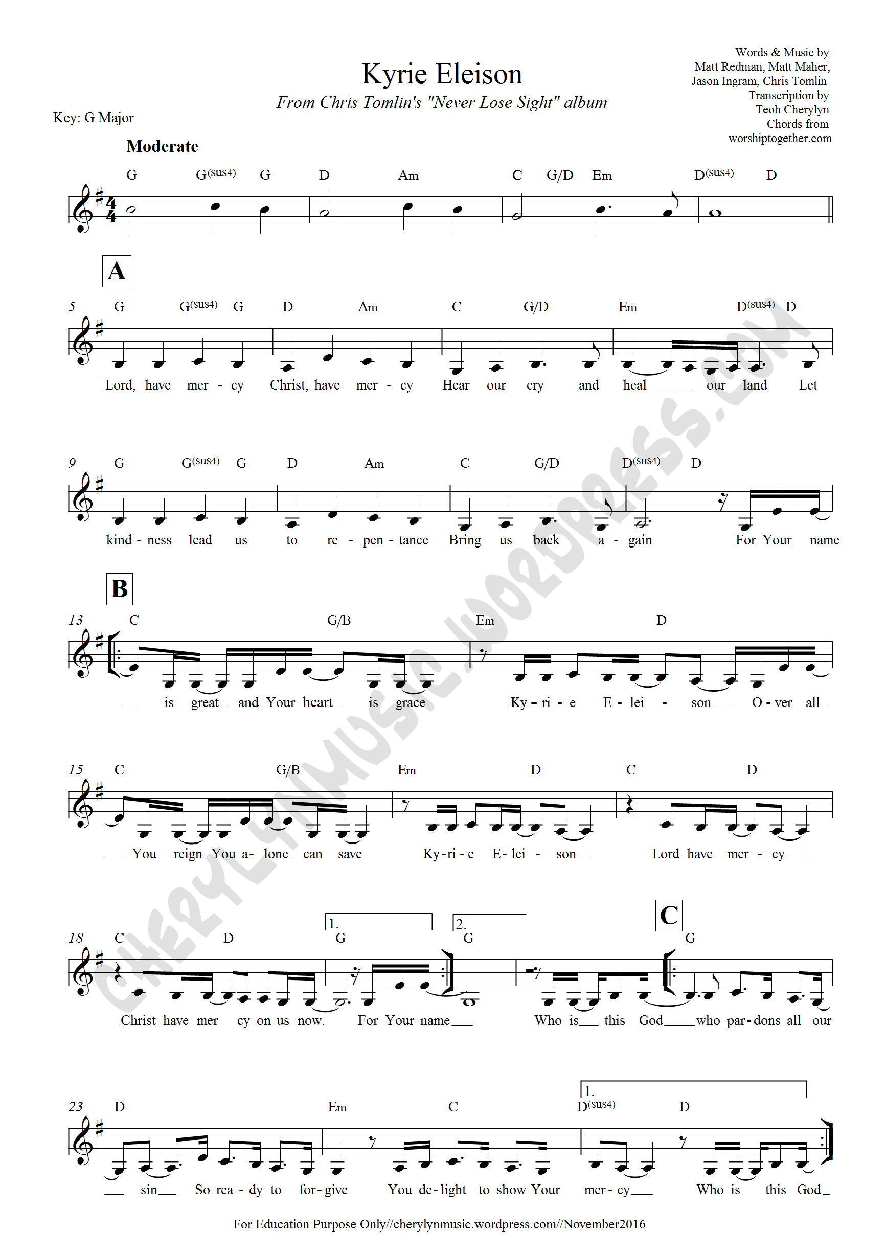 Free lead sheet: Kyrie Eleison (Christ Tomlin)