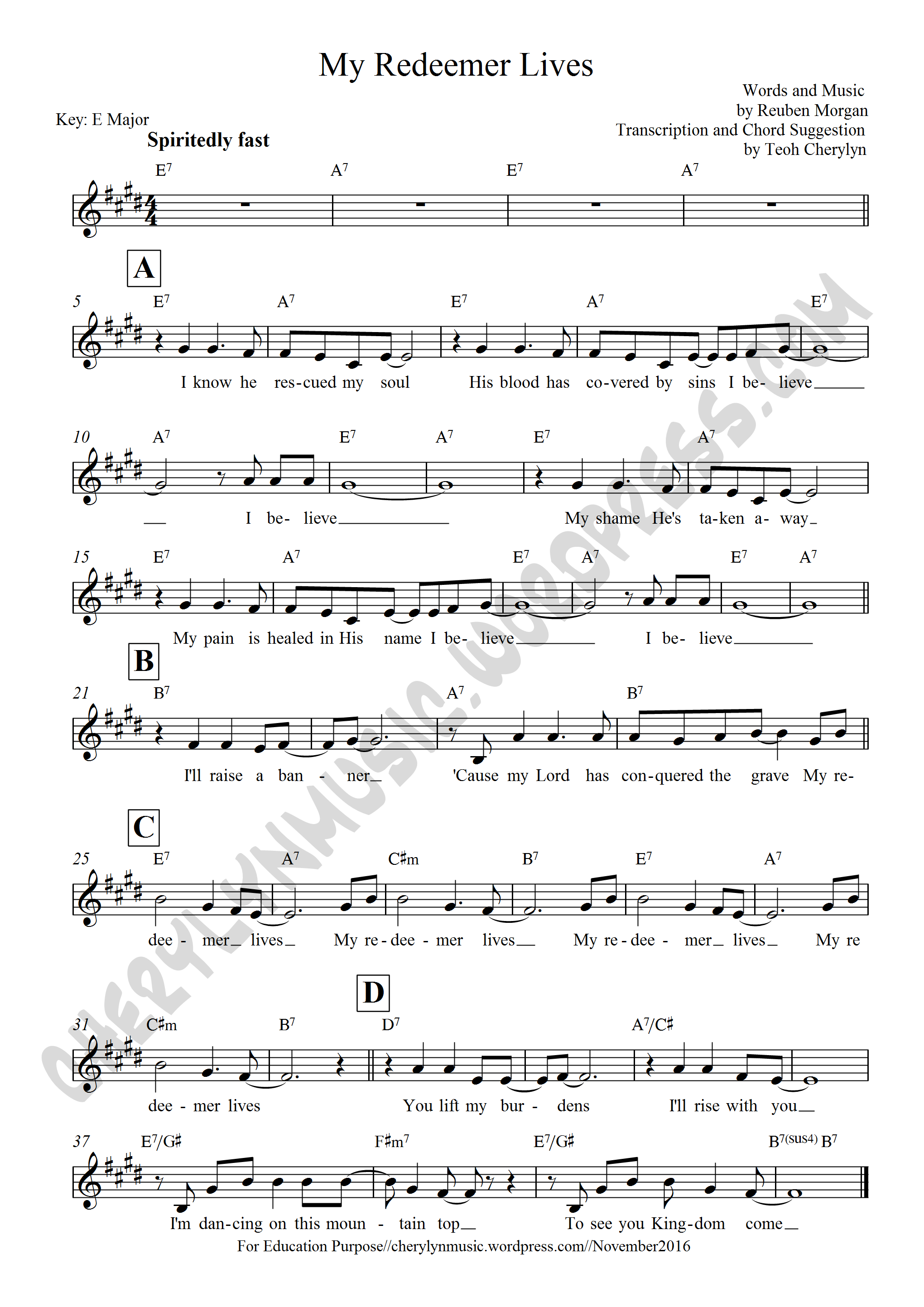 Lead sheet: My Redeemer Lives [Repost]