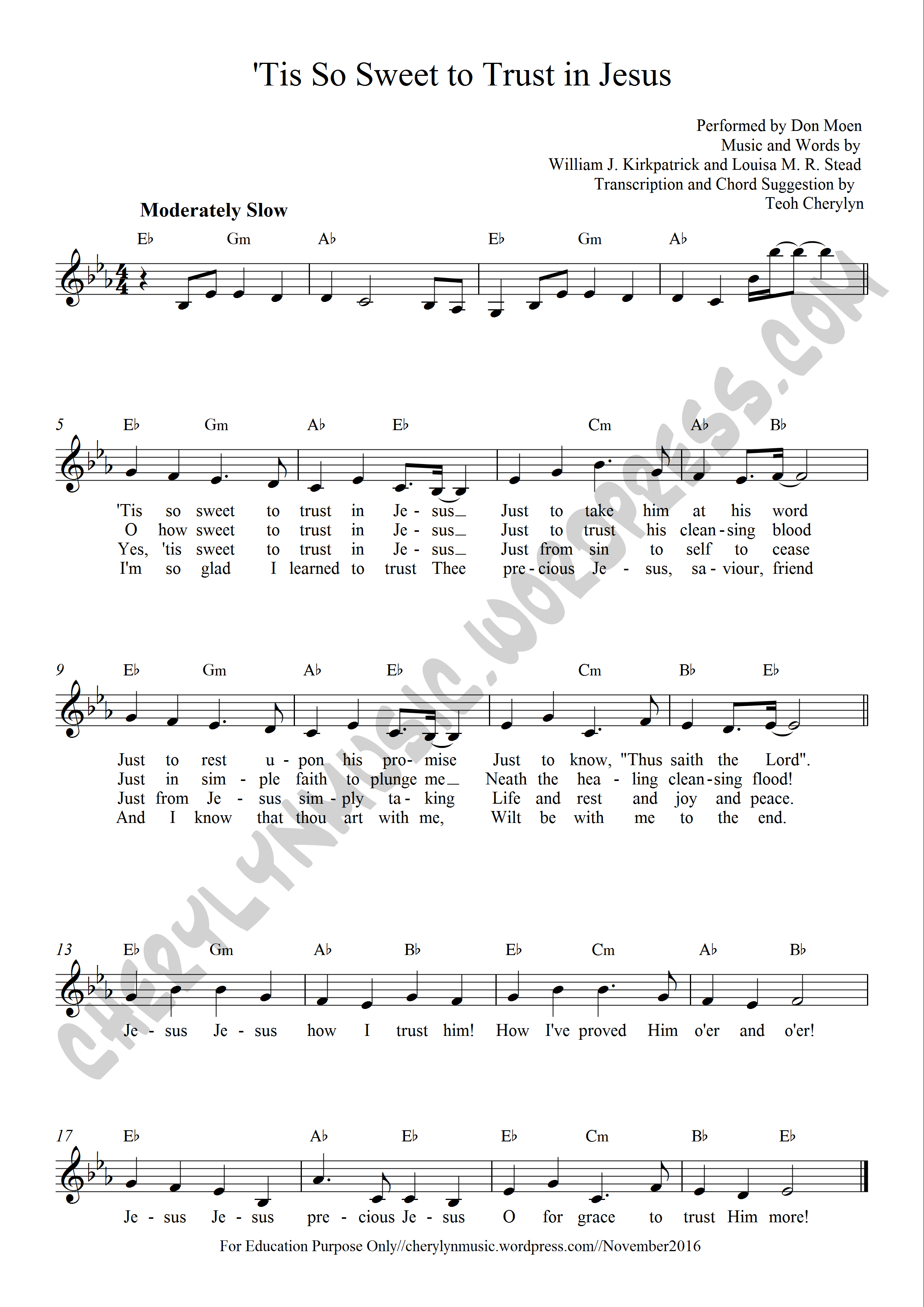 Lead sheet: ‘Tis So Sweet to Trust in Jesus