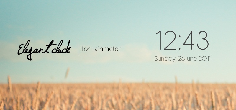 a desktop background that looks like open field, with words "elegant clock for rainmeter" and shows times and date.