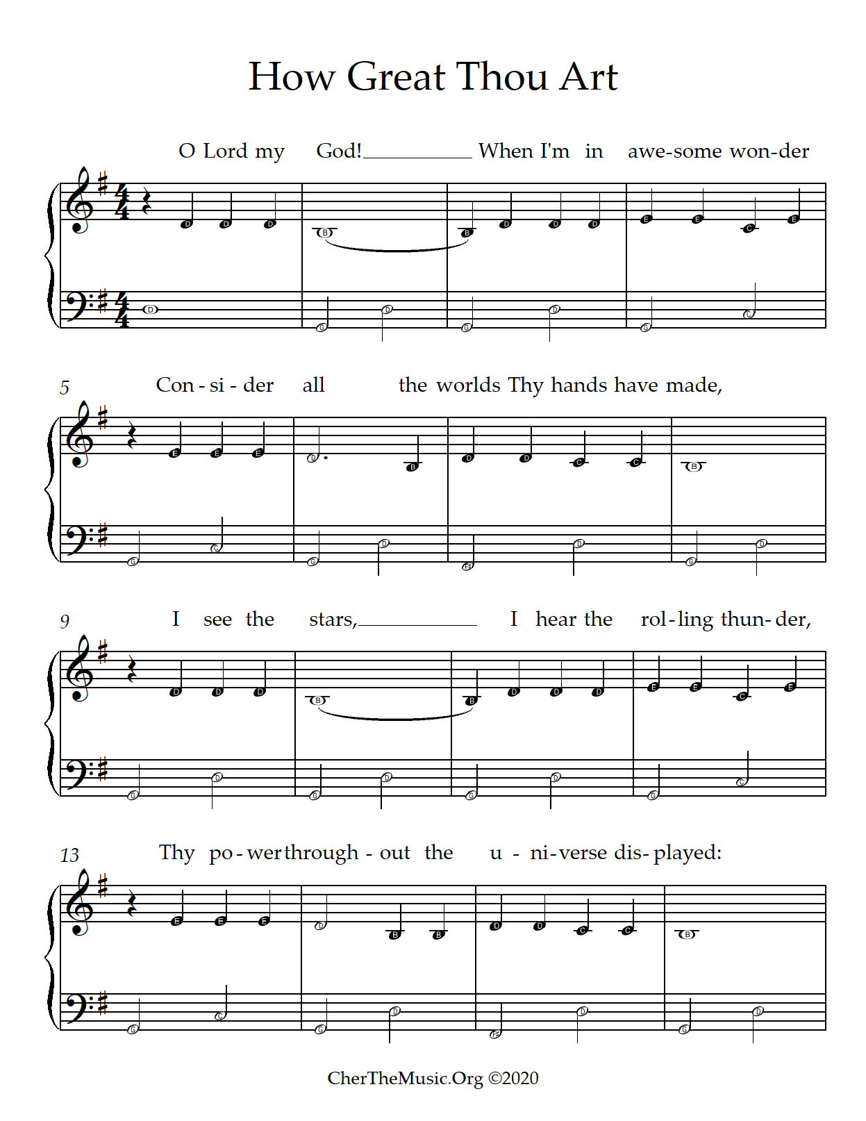 How Great Thou Art piano solo with note names sheet preview