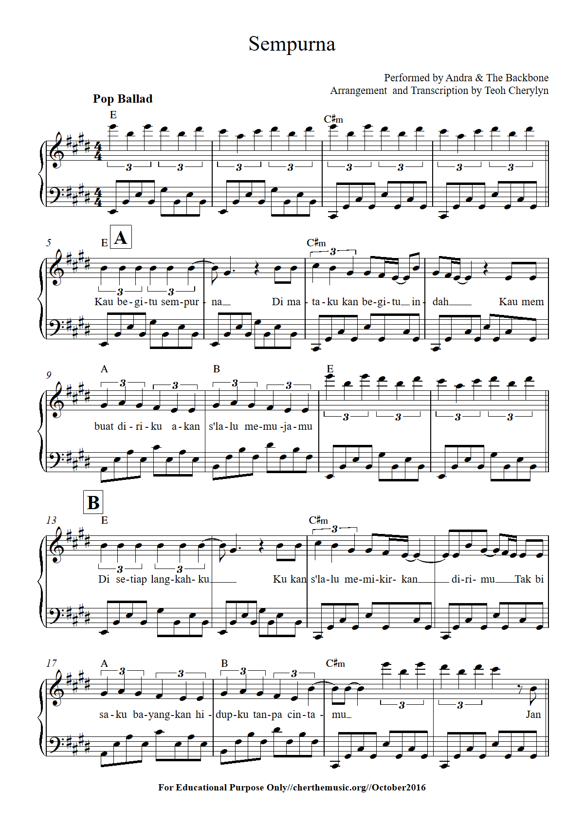 sempurna piano solo sheet preview 
